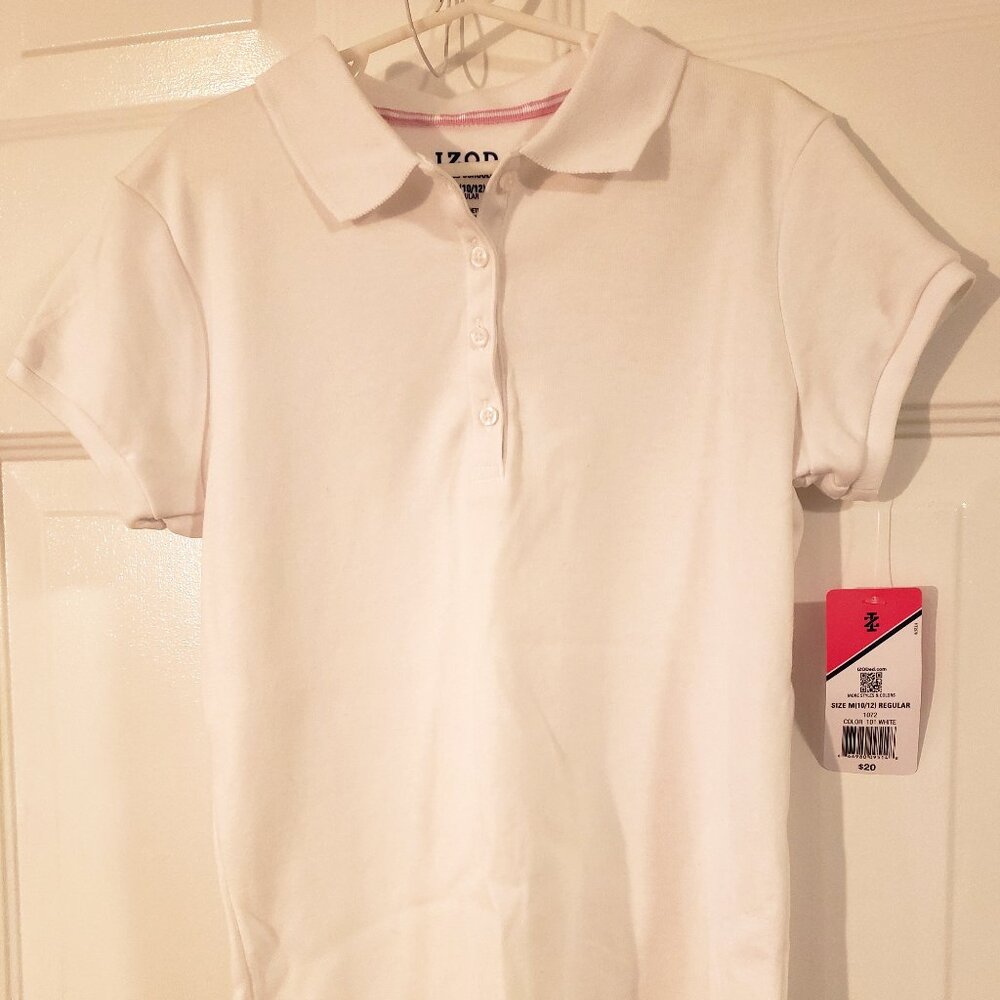GIRLS IZOD POLO SHIRT - WHITE w/ SHORT SLEEVES - APPROVED SCHOOLWEAR - M (10/12